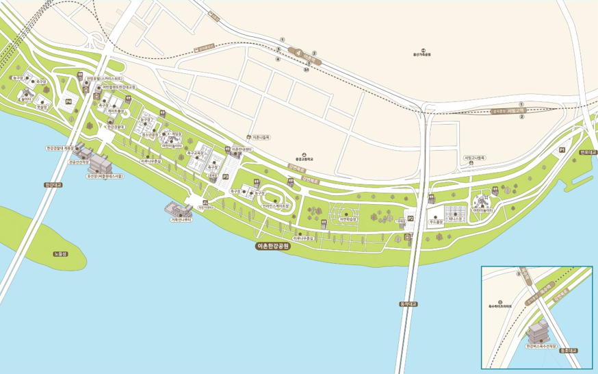 이촌한강공원 시설안내지도 - 중랑천교 앞 ~ 만초천교 앞 - 아래 내용 참조