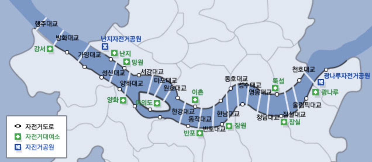 강변 자전거 도로, 자전거대여소, 자전거공원이 표기된 한강 지도. 자전거 공원은 강남지역에 광나루자전거공원, 강북지역에 난지자전거공원이 있습니다.