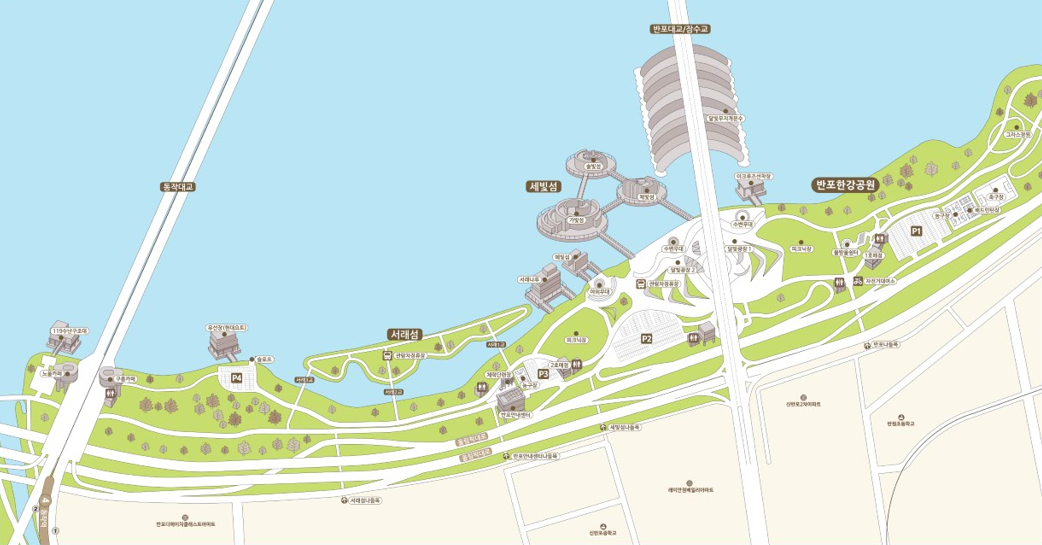 반포한강공원 시설안내지도 - 잠수교(반포대교) 상류 철탑 ~ 한강철교 최하류쪽 중앙 - 아래 내용 참조