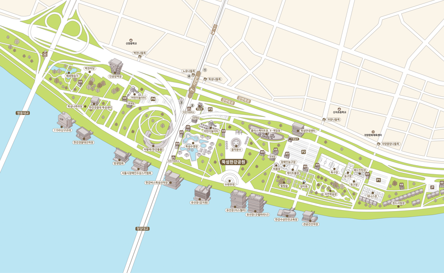 뚝섬한강공원 시설안내지도 - 중량천교 ~ 서울시계(광진교 상류 육상) - 아래 내용 참조