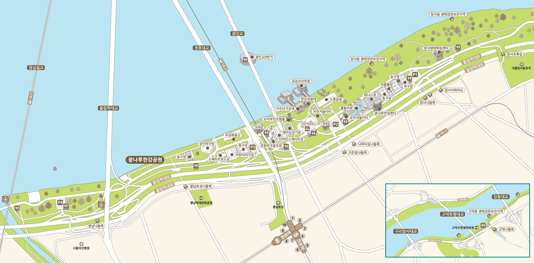 광나루한강공원 시설안내지도 - 서울시계((강동대교 남단 상류) ~ 성내천교 앞(잠실철교 남단) - 아래 내용 참조