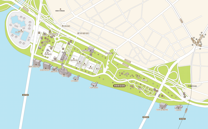 망원한강공원 시설안내지도 - 만초천교 앞 ~ 홍제천교 앞 - 아래 내용 참조