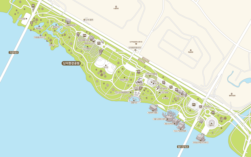 난지한강공원 시설안내지도 - 홍제천교 ~ 서울시계(난지교) - 아래 내용 참조