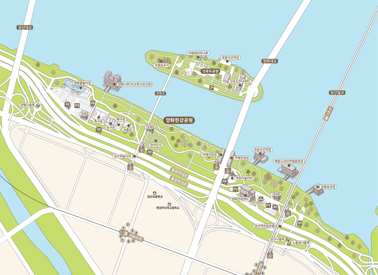 양화한강공원  (5.9㎞, 361,628㎡) 국회뒤 샛강 사면지 ~ 가양대교 남단 중앙 안내도 - 아래 내용 참조