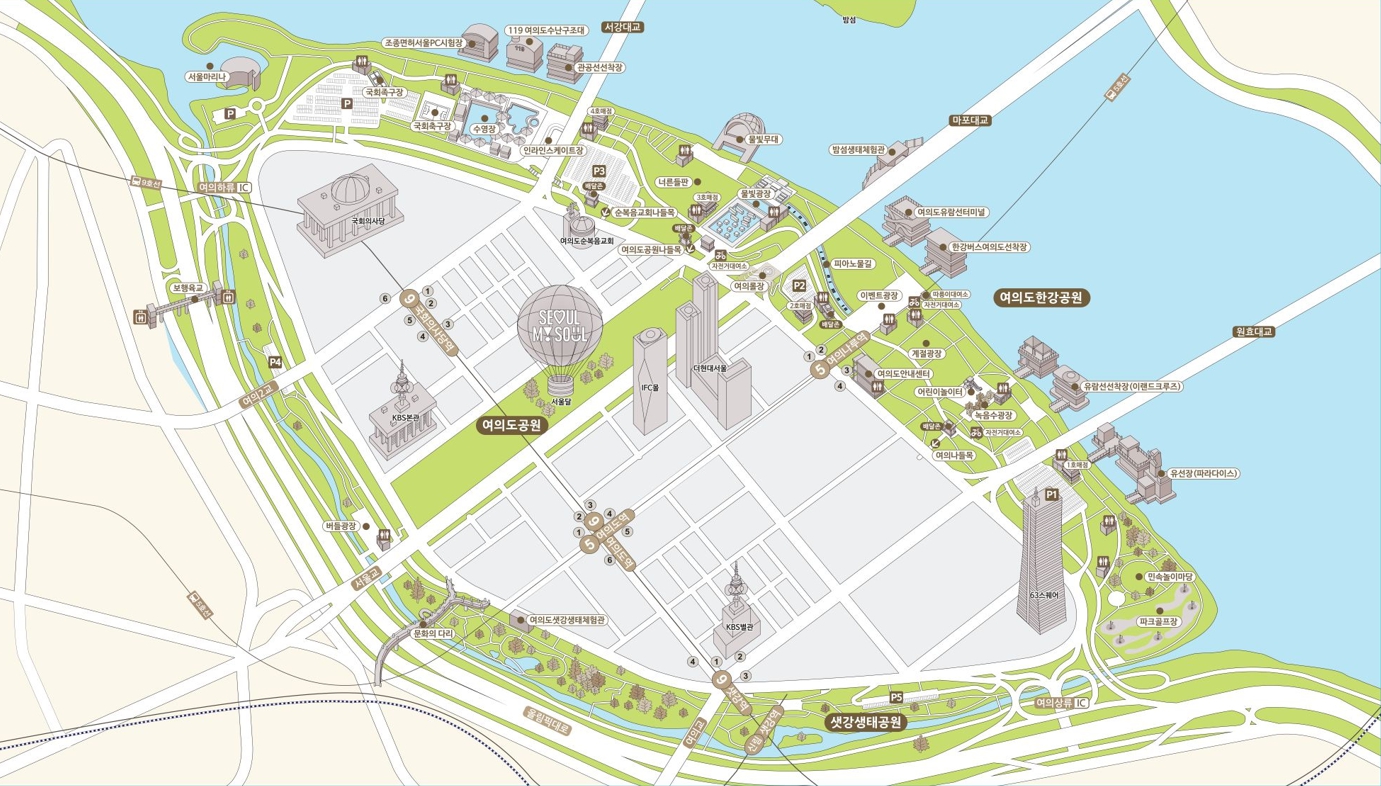 여의도한강공원 시설안내지도 - 성내천교 ~ 영동대교 중앙 - 아래 내용 참조