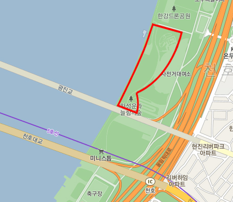 광나루한강공원 그늘막 설치허용구역 안내지도(광진교 옆 자전거공원 부근)