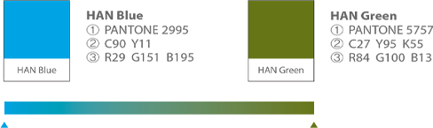 한강공원 장소정체성(PI) 색상표. 좌측 HAN Blue(PANTONE 2995, C90 Y11, R29 G151 B195), 우측 HAN Green(PANTONE5757, C27 Y95 K55, R84 G100 B13)