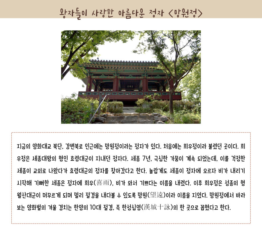 왕자들이 사랑한 아름다운 정자 망원정. 지금의 양화대교 북단, 강변북로 인근에는 망원정이라는 정자가 있다. 처음에는 희우정이라 불렸던 곳이다. 희우정은 세종대왕의 형인 효령대군이 지내던 정자다. 세종 7년, 극심한 가뭄이 계속 되었는데, 이를 걱정한 세종이 교외로 나왔다가 효령대군의 정자를 찾아갔다고 한다. 놀랍게도 세종이 정자에 오르자 비가 내리기 시작해 기뻐한 세종은 정자에 희우(喜雨), 비가 와서 기쁘다는 이름을 내렸다. 이후 희우정은 성종의 형 월산대군이 머무르게 되며 멀리 절경을 내다볼 수 있도록 망원(望遠)이라 이름을 지었다. 망원정에서 바라보는 양화벌의 겨울 경치는 한양의 10대 절경, 즉 한성십영(漢城十詠)의 한 곳으로 꼽혔다고 한다.