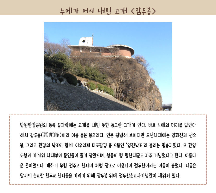 누에가 머리 내민 고개 잠두봉. 망원한강공원의 동쪽 끝자락에는 고개를 내민 듯한 동그란 고개가 있다. 바로 누에의 머리를 닮았다 해서 잠두봉(蠶頭峰)이라 이름 붙은 봉우리다. 언뜻 평범해 보이지만 조선시대에는 양화진과 선유봉, 그리고 한강의 낙조와 함께 어우러져 마포팔경 중 으뜸인 ‘양진낙조’라 불리는 명승지였다. 또 한양도성과 가까워 사대부와 문인들이 즐겨 찾았으며, 성종의 형 월산대군도 자주 거닐었다고 한다. 아름다운 곳이었으나 개화기 무렵 천주교 신자들을 기리기 위해 잠두봉 위에 절두산순교자기념관이 세워져 있다.