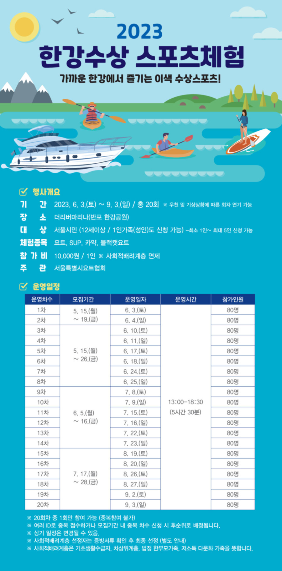2023 한강수상스포츠체험 행사개요 및 운영일정, 자세한 사항은 하단 설명문 참조