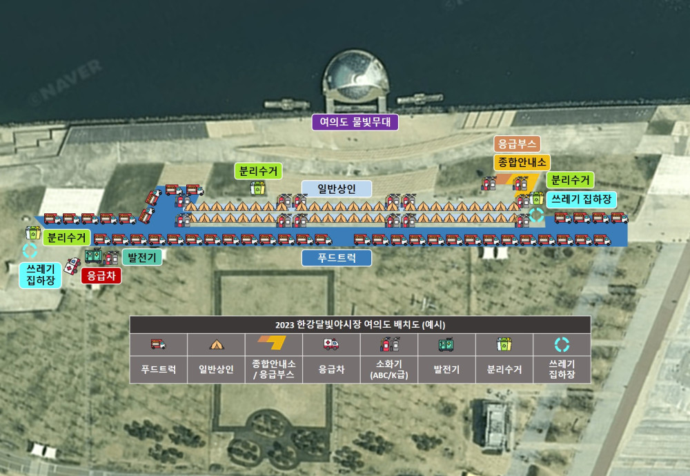 2023 여의도한강공원 한강달빛야시장 배치도. 물빛광장 옆 물빛무대 주변으로 푸드트럭과 일반상인부스가 길게 늘어서 있고 물빛광장 부근에 응급부스와 종합안내소, 분리수거장, 쓰레기집하장이 있습니다. 물빛무대를 지나 하류방향으로는 발전기, 응급차, 분리수거장, 쓰레기집하장이 있습니다. 