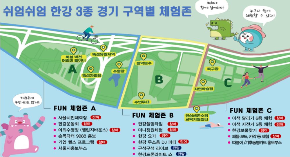 제1회쉬엄쉬엄한강3종축제 체험존 지도. 자세한 사항은 아래 텍스트 참고