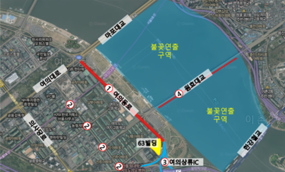 서울세계불꽃축제 2024 교통통제 개요. 자세한 내용은 아래 텍스트 참고