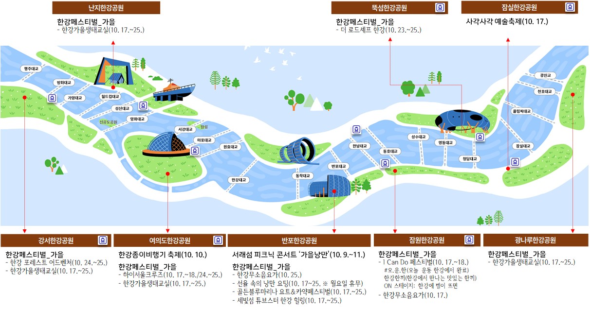 10월 한강공원 축제지도. 강서, 여의도, 반포, 잠원, 광나루, 난지, 뚝섬, 잠실한강공원별 축제 및 프로그램 일정 안내