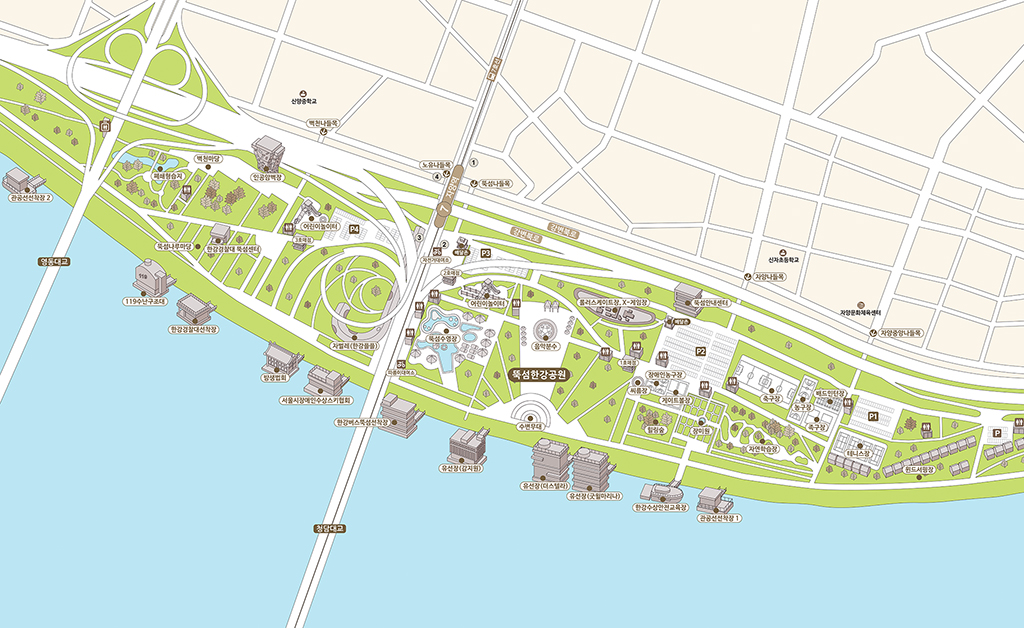 뚝섬한강공원 시설안내지도 - 중량천교 ~ 서울시계(광진교 상류 육상) - 아래 내용 참조