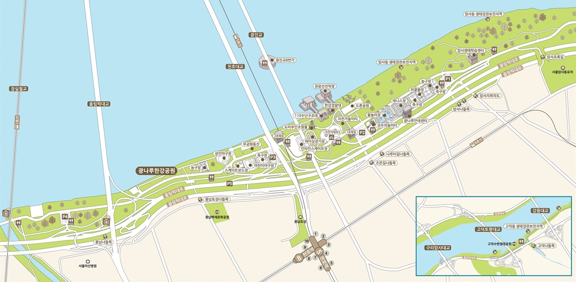 광나루한강공원 시설안내지도 - 서울시계((강동대교 남단 상류) ~ 성내천교 앞(잠실철교 남단) - 아래 내용 참조